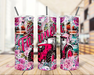 Pink Girl Farmer 20 oz Skinny Tumbler Farm Life Farmer Tractor Sublimation Design Digital Download PNG Sublimation TrendingDesign 