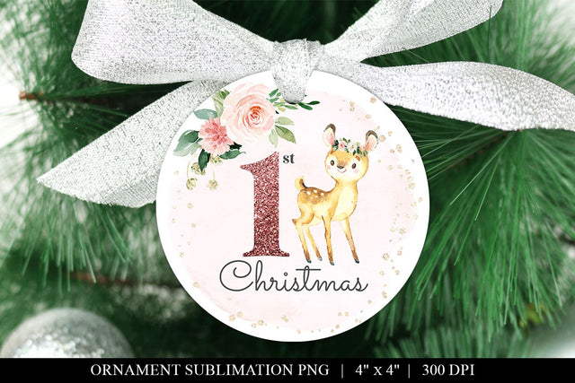 Pink Glitter Deer 1st Christmas Ornament Sublimation PNG Sublimation BijouBay 