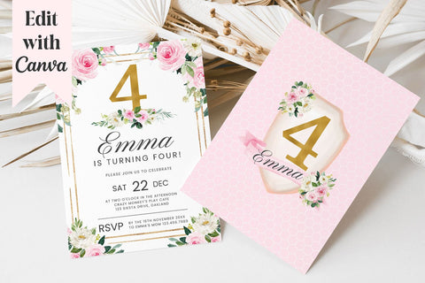 Pink & Gold 4th Birthday Canva Invitation Template 3D Paper BijouBay 