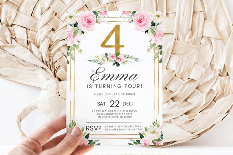 Pink & Gold 4th Birthday Canva Invitation Template 3D Paper BijouBay 