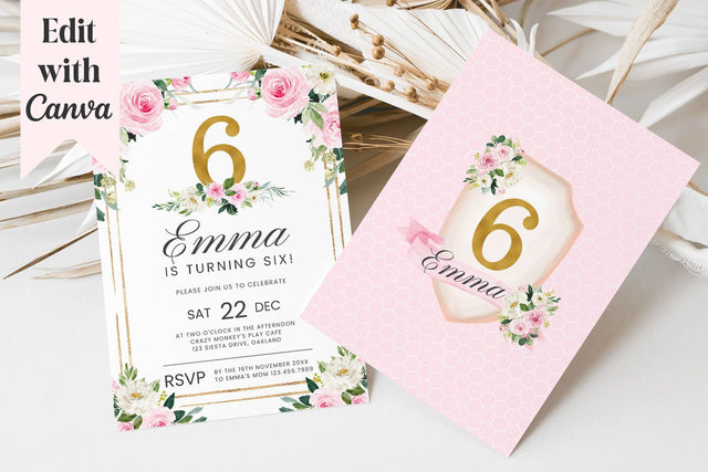Pink & Gold 6th Birthday Canva Invitation Template 3D Paper BijouBay 