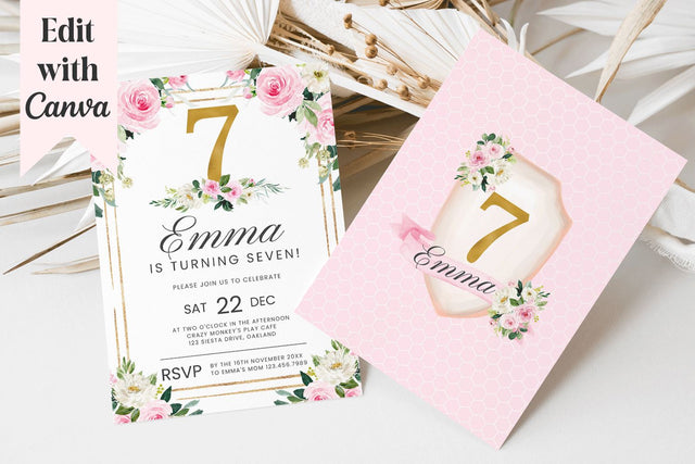 Pink & Gold 7th Birthday Canva Invitation Template 3D Paper BijouBay 