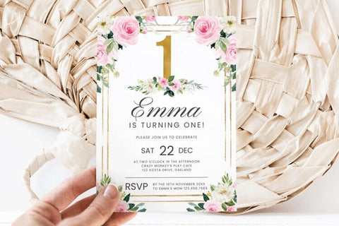 Pink & Gold First Birthday Invitation - Canva Template 3D Paper BijouBay 