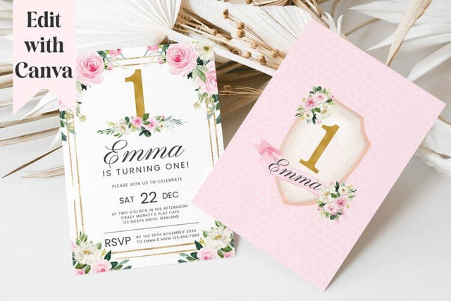 Pink & Gold First Birthday Invitation - Canva Template 3D Paper BijouBay 