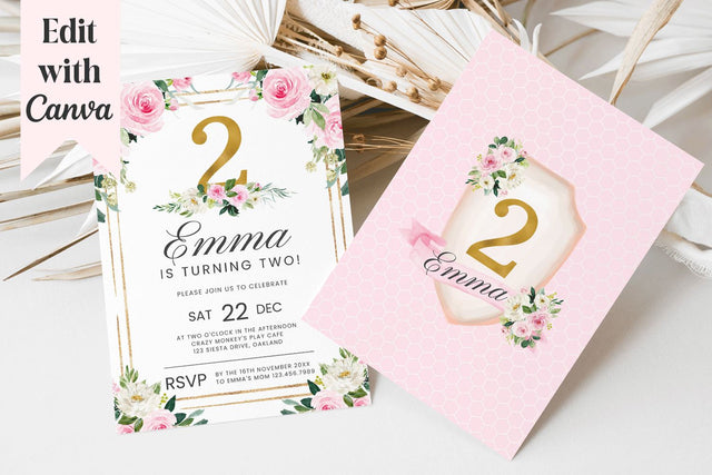 Pink & Gold Girls 2nd Birthday Canva Invitation Template 3D Paper BijouBay 