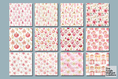 Pink Gold Watercolor Christmas Digital Pattern Fine Purple Elephant Creations 