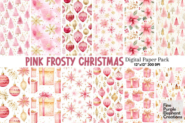 Pink Gold Watercolor Christmas Digital Pattern Fine Purple Elephant Creations 