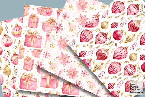 Pink Gold Watercolor Christmas Digital Pattern Fine Purple Elephant Creations 