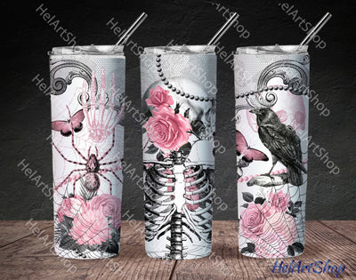 Pink Gothic Tumbler PNG, Skull SKINNY TUMBLER Png Sublimation _HelArtShop_ 