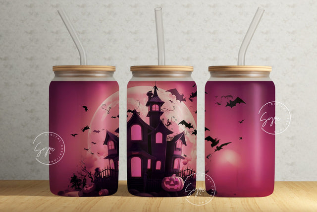 Pink Halloween Haunted House Tumbler Wrap, Seamless Sublimation, Tumbler PNG, 16 oz Libbey Glass Can, Spooky Glass Can Design, Digital File Sublimation Syre Digital Creations 
