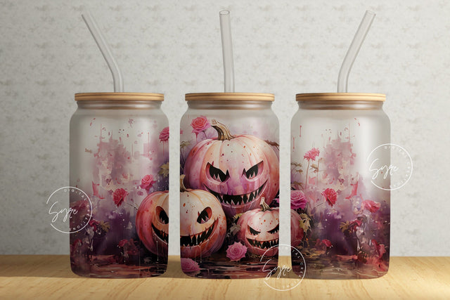 Pink Halloween Pumpkin Tumbler Wrap, Halloween Jack-O-Lantern, 16oz Libbey Glass Can Sublimation, Seamless Glass Can Design, Digital File Sublimation Syre Digital Creations 