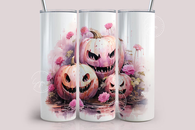 Pink Halloween Pumpkin Tumbler Wrap Sublimation Design, Halloween Jack-O-Lantern, Seamless Sublimation, 20 oz Skinny Tumbler, Digital File Sublimation Syre Digital Creations 