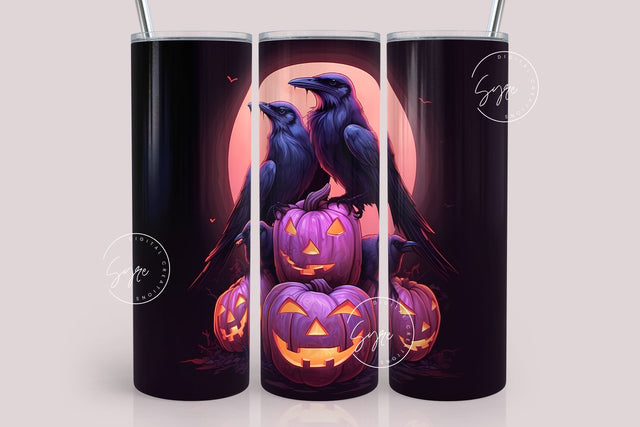 Pink Halloween Tumbler, Crow, Raven, Pumpkin, Spooky Tumbler Wrap PNG, Horror, Halloween Jack-O-Lantern, 20 oz Skinny Tumbler, Digital File Sublimation Syre Digital Creations 