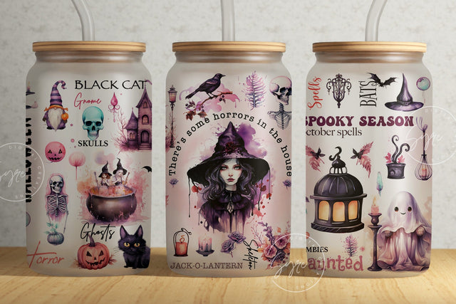 Pink Halloween Tumbler Wrap PNG Sublimation Design, Pink Fall Tumbler, Witchy Vibes, Seamless Sublimation, 16oz Libbey Glass Can, Digital Sublimation Syre Digital Creations 