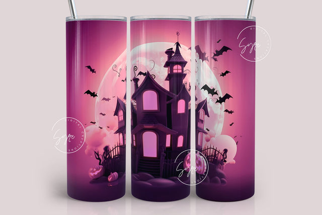 Pink Haunted House Tumbler, Halloween tumbler wrap sublimation, 20 oz Skinny Tumbler Sublimation Design, Bat PNG, Pumpkin, Digital Download Sublimation Syre Digital Creations 