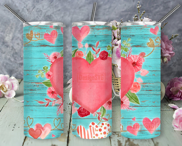 Pink Heart Floral 20oz Skinny Tumbler, Valentines Heart Glitter Tumbler Png, Valentines Day Gift, Valentine Sublimation Design for Straight, Digital Download Sublimation DesignSVG 