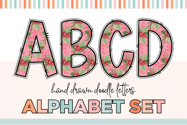 Pink Holly Christmas Hand Drawn Doodle Letter Alphabet Set Sublimation BijouBay 