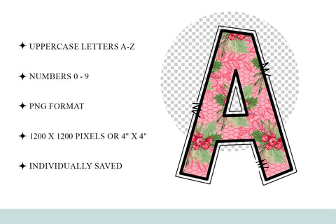 Pink Holly Christmas Hand Drawn Doodle Letter Alphabet Set Sublimation BijouBay 