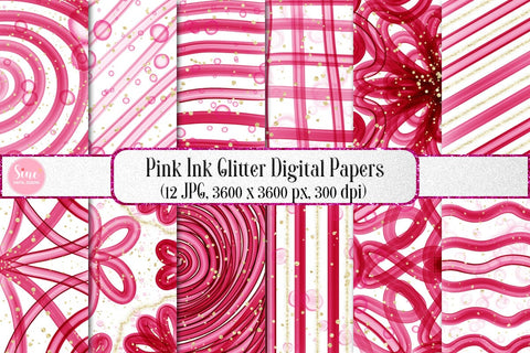 Pink Ink Glitter Digital Papers Backgrounds Set Digital Pattern SineDigitalDesign 