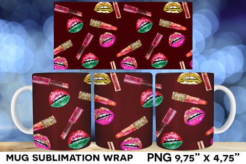 Pink Lips Mug Sublimation Bundle, Seamless Mug Wrap Sublimation Natasha Prando 