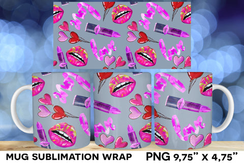 Pink Lips Mug Sublimation Bundle, Seamless Mug Wrap Sublimation Natasha Prando 