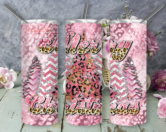 Pink Merry Christmas 20oz Tumbler Tumplate, Christmas Tumbler Design, Christmas Tree Tumbler Png, Christmas Leopard Sublimation Design, Digital Download Sublimation DesignSVG 