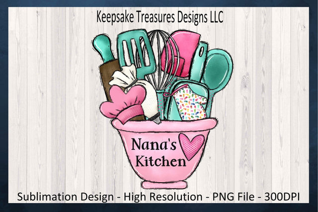 Pink Nana's Kitchen Bowl PNG Sublimation Design, DIY Grandma Gift Design for Apron or Tea Towel, Pink Baking Clipart, Farmhouse Kitchen Bowl Sublimation Keepsake Treasures Designs LLC. 