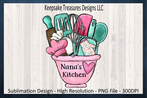 Pink Nana's Kitchen Bowl PNG Sublimation Design, DIY Grandma Gift Design for Apron or Tea Towel, Pink Baking Clipart, Farmhouse Kitchen Bowl Sublimation Keepsake Treasures Designs LLC. 