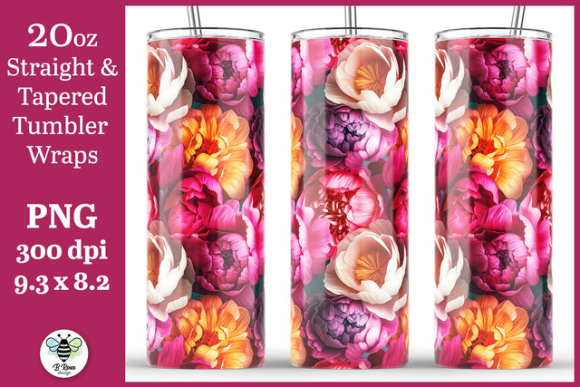 Pink Peony 20oz Tumbler PNG | 3D Tumbler Wrap Sublimation B Renee Design 