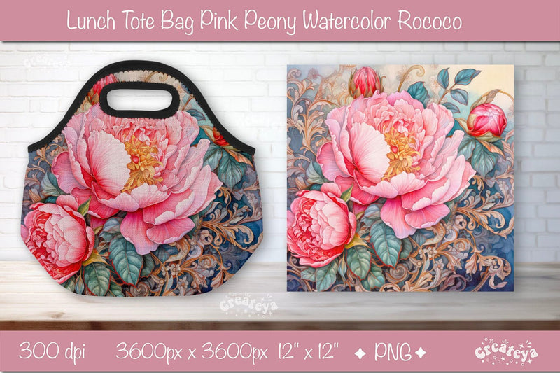 Pink Peony background Lunch bag wrap png Sublimation Createya Design 