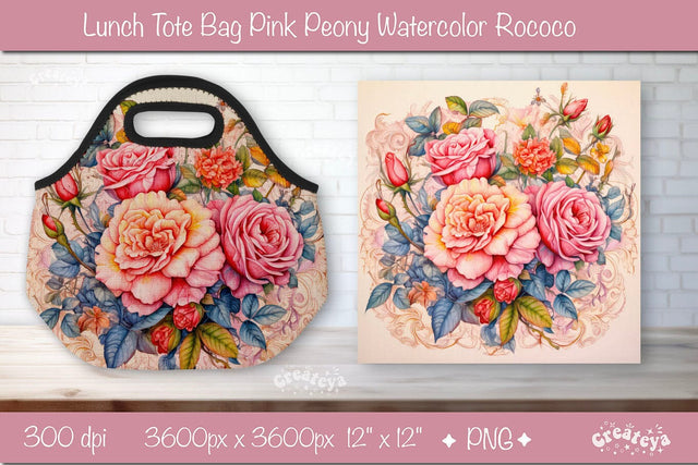 Pink Peony background Lunch bag wrap png Sublimation Createya Design 