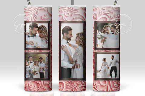 Pink Photo Tumbler Png, Wedding Tumbler Wrap, 5 Photo Collage Design, Add Your Text, Pink Floral 20 oz Skinny Tumbler Sublimation wrap PNG Sublimation Syre Digital Creations 