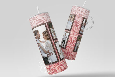 Pink Photo Tumbler Png, Wedding Tumbler Wrap, 5 Photo Collage Design, Add Your Text, Pink Floral 20 oz Skinny Tumbler Sublimation wrap PNG Sublimation Syre Digital Creations 