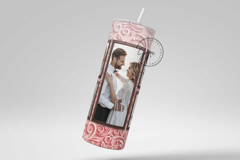 Pink Photo Tumbler Png, Wedding Tumbler Wrap, 5 Photo Collage Design, Add Your Text, Pink Floral 20 oz Skinny Tumbler Sublimation wrap PNG Sublimation Syre Digital Creations 