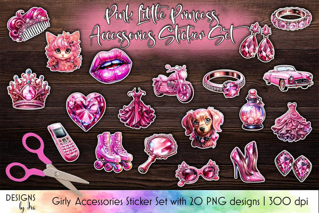 Pink Princess Accessories Sticker Pack| Cute Girly Stickers Sublimation Designs by Ira 