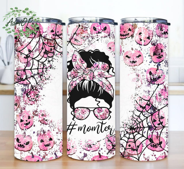 Pink Pumpkin Messy Bun 20oz Skinny Tumbler Png, Pink Halloween Tumbler, Beautiful Pink Pumpkin Tumbler Wrap, Halloween Messy Bun Tumbler, Mom Life Tumbler Sublimation AdriOP 