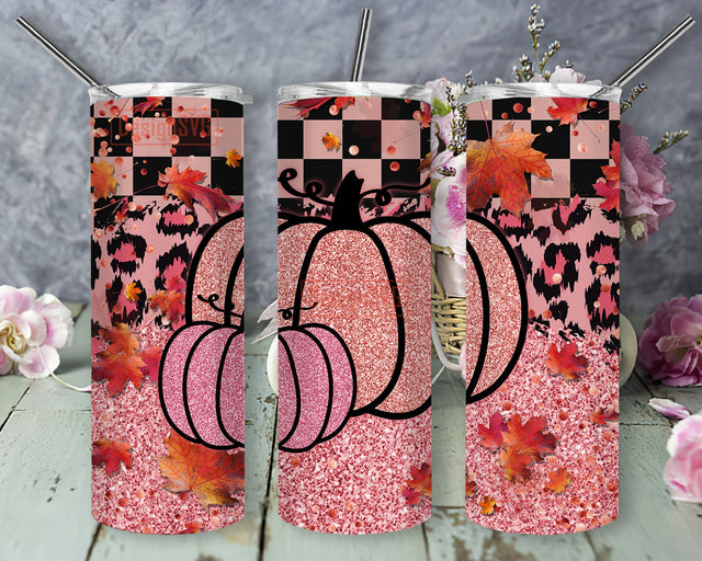 Pink Pumpkin Tumbler Png, Pumpkin Glitter 20oz Skinny Tumbler, Fall Pumpkin Tumbler Wrap, Pink Leopard Design Png, Autumn Leaves Png, Pumpkin Sublimation Design, Instant Download Sublimation DesignSVG 