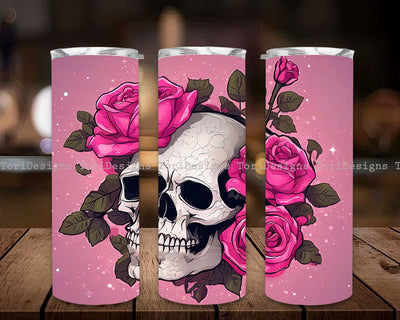 Pink Rose Skull Tumbler Wrap 20oz Skinny Sublimation Tumbler PNG Glitter Halloween Sublimation Download Sublimation ToriDesigns 