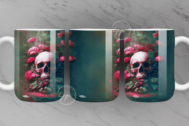 Pink Roses and Skull, Gothic Flowers, Halloween Mug Wrap, Creepy, Skull and Flowers Coffee Mug PNG, 11 & 15 Oz Mug Sublimation, Digital File Sublimation Syre Digital Creations 