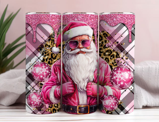 Pink Santa Tumbler Wrap 20 oz Skinny Sublimation Tumbler Digital Download Pink Glitter Christmas Tumbler Design Gold Leopard Drip Tumbler Sublimation PixelChick 