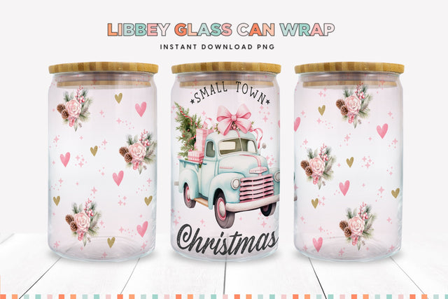 Pink Small Town Christmas Libbey Can Sublimation Wrap Sublimation BijouBay 