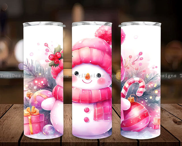 Pink Snowman Christmas 20 Oz Tumbler Wrap, Christmas Tumbler 20oz Skinny, Pink Christmas 20oz Skinny Tumbler Wrap, Snowman Tumbler Wrap Sublimation ToriDesigns 