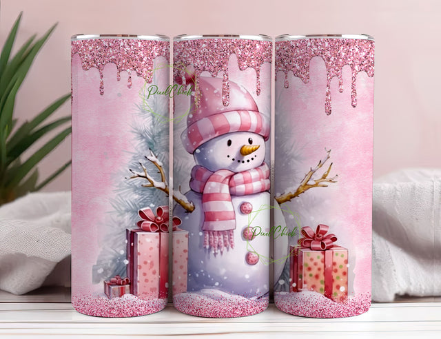 Pink Snowman Christmas 20 Oz Tumbler Wrap, Christmas Tumbler Snowman 20oz Skinny Tumbler Wrap 20 oz Sublimation Tumbler Designs Sublimation PixelChick 