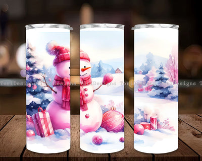 Pink Snowman Christmas Tumbler Wrap, Christmas Snowman 20 oz Skinny Tumbler Sublimation Design Sublimation ToriDesigns 