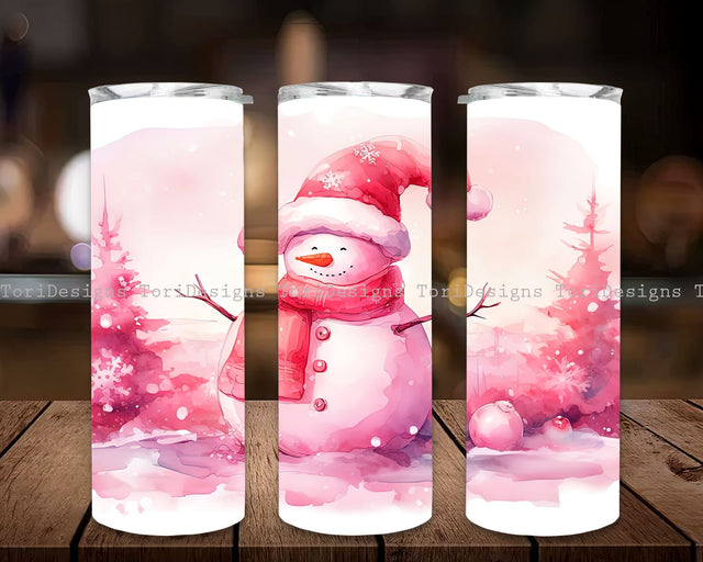 Pink Snowman Christmas Tumbler Wrap, Christmas Snowman 20 oz Skinny Tumbler Sublimation Design Sublimation ToriDesigns 