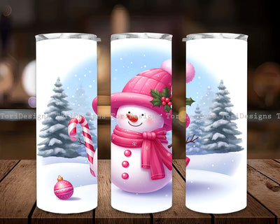 Pink Snowman Christmas Tumbler Wrap, Christmas Snowman 20 oz Skinny Tumbler Sublimation Design Sublimation ToriDesigns 