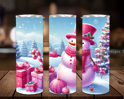 Pink Snowman Christmas Tumbler Wrap, Christmas Snowman 20 oz Skinny Tumbler Sublimation Design Sublimation ToriDesigns 