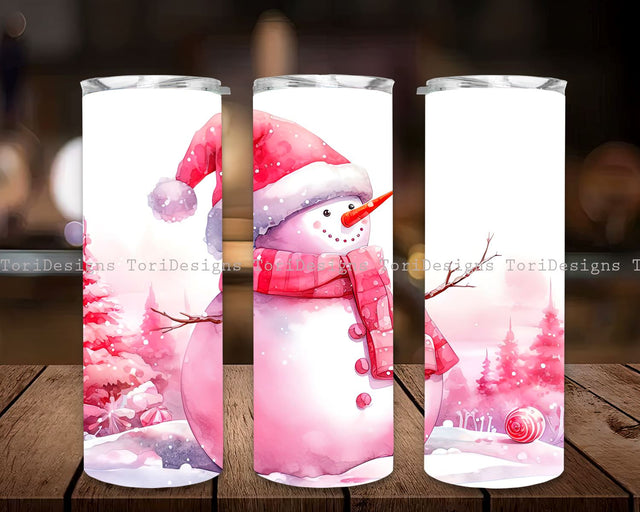 Pink Snowman Christmas Tumbler Wrap, Christmas Snowman 20 oz Skinny Tumbler Sublimation Design Sublimation ToriDesigns 
