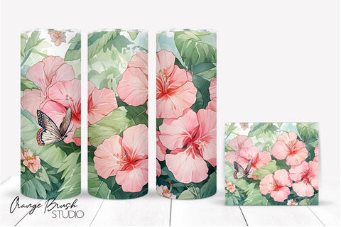 Pink Tropical Flowers Sublimation, Summer Tumbler Wrap Sublimation OrangeBrushStudio 