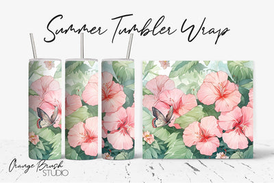 Pink Tropical Flowers Sublimation, Summer Tumbler Wrap Sublimation OrangeBrushStudio 
